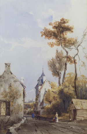 A view of a village street, Waterloo (pencil & w/c with scratching out on paper)