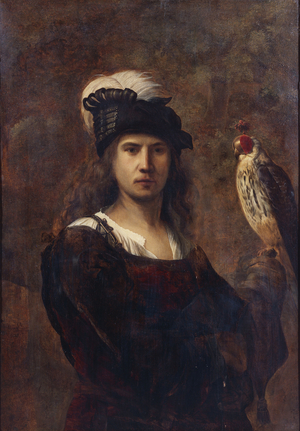 A falconer, standing half length, in a feathered hat (oil on panel)