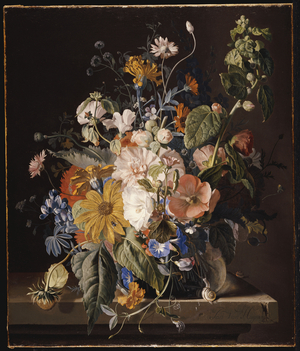 Poppies, Hollyhock, Morning Glory, Viola, Daisies, Sweet Pea, Marigolds and other Flowers in a Vase with a Snail on a Ledge (oil on canvas)