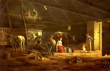 A Milkmaid, Farmhands and Plough Horses In A Barn, 1807 (oil on panel)