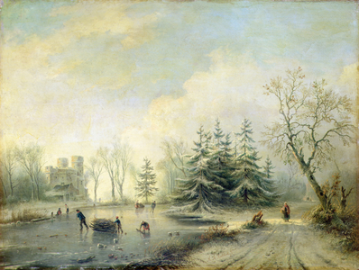 Trees, Castle and skating figures (oil on panel)