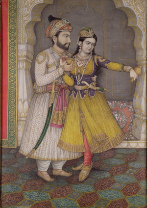 Shah Jahan and Qudsia Begum: the Begum pours away the wine, Kalam (gouache on paper)