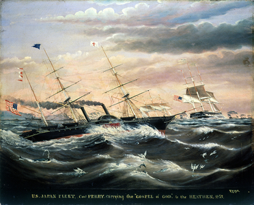 US Japan Fleet, Commodore Perry carrying 'The Gospel of God to the Heathen, 1853 (oil on canvas)
