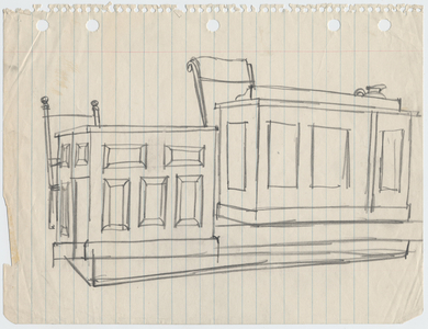 Judge's bench and witness stand, 1955 (pencil on paper)