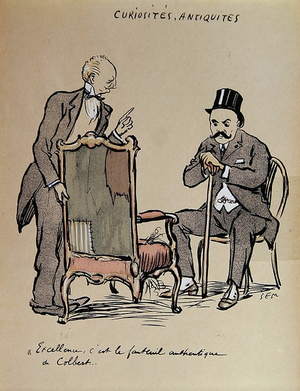 Rich Art Collector inspecting a chair allegedly owned by Colbert. c.1919 (colour litho)