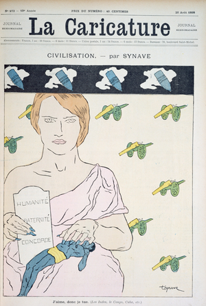 'I love and therefore I kill', allegory of 'Civilization' holding a tombstone as a bringer of death, cover of 'La Caricature' magazine, 20th August 1898 (colour litho)