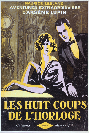 Front cover of 'The Twelve Strokes of the Clock' from 'The Extraordinary Adventures of Arsene Lupin' by Maurice Leblanc (1864-1941), 1924 (colour litho)