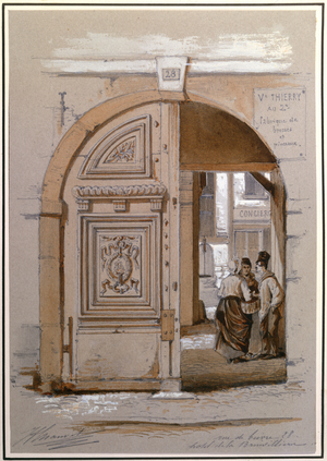 Entrance to the Hotel of the Marquise de Brinvilliers, 28 rue de Bievre, Paris (chalk & gouache on paper)