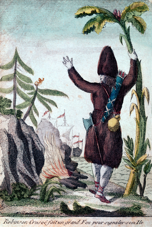 Robinson Crusoe makes a fire to draw attention to his island, Imagerie Basset (colour engraving)