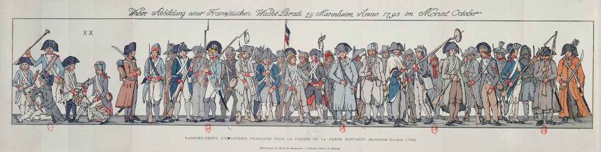 French soldiers in Germany, 1795 (colour engraving)