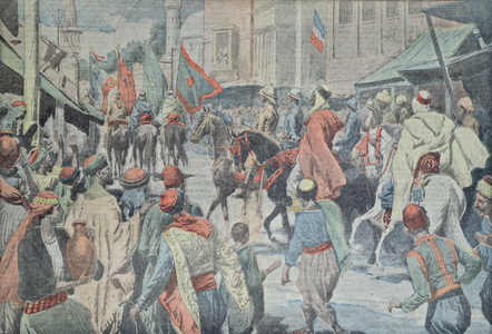 Anglo-Arab Troops Entering Damascus in 1918, from 'Le Pelerin' (colour litho)