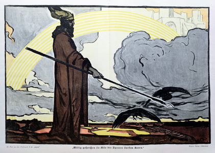 Odin with his two crows, Hugin (thought) and Munin (memory), 1897 (colour litho)