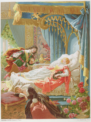 Sleeping Beauty and Prince Charming, illustration from an edition of the fairy tales of Charles Perrault (1628-1703) engraved by Cruillon, late 19th century (colour litho)