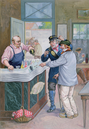 The Aperitif Hour at the Cafe, postman playing dice with a peasant, c.1920 (colour litho)