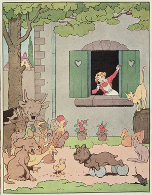 The farmyard animals rejoicing at the discomfiture of Grognard, illustration for 'Placide et Gedeon' 1926 (colour litho)