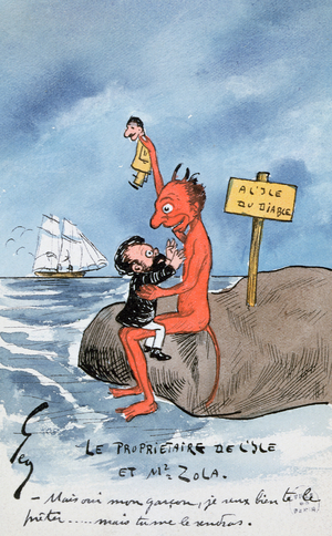 'Mais oui, mon garcon, je veux bien te le preter...', cartoon depicting Zola and the Devil on Devil's Island debating the Dreyfus Affair (w/c on paper)