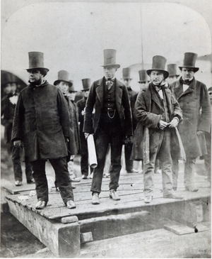 (L to R) John Scott Russell, Henry Wakefield, Isambard Kingdom Brunel and Lord Derby at the launch of the SS 'Great Eastern' (b/w photo)