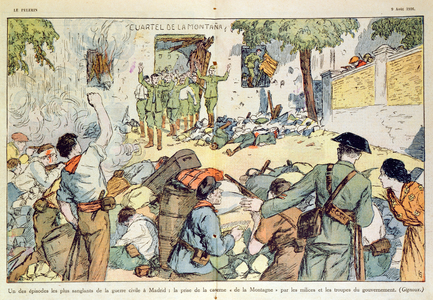 The Taking of the Montana Barracks by the Republican Troops, Bloody Episode of the Civil War in Madrid, from 'Le Pelerin' 9th August 1936 (colour engraving)