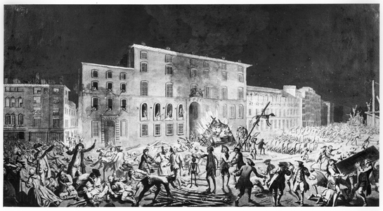 Riot at Lyon, 27th November 1768 (ink & wash on paper) (b/w photo)