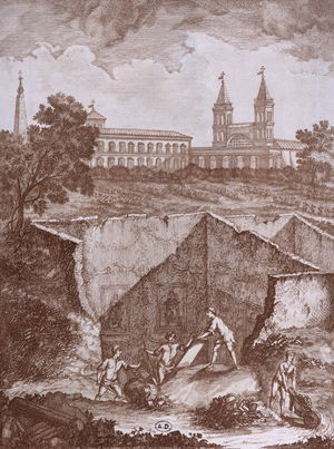 Discovery of a House and Frescoes in Rome in 1780, illustration from 'Peintures antiques retrouvees lors d'une fouille en 1780', published in Rome 1783 (engraving)