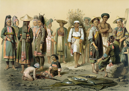 Mixed Populations from South of Yunnan, China, from 'Atlas du Voyage d'Exploration de Indo-Chine' by Doudart de Lagree (1823-68) redrawn by Janet Lange and engraved by Eugene Ciceri, 1874 (colour litho)