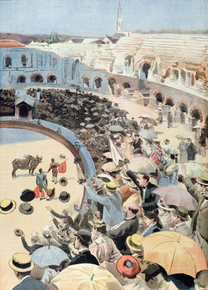 Bullfight in at Nimes, illustration from 'Le Petit Journal', 1894 (colour litho)