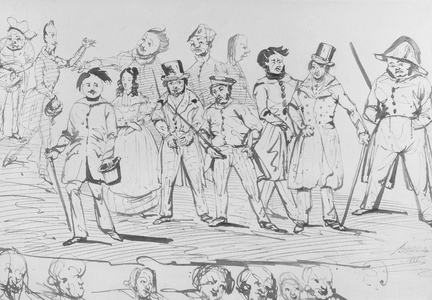 Honore de Balzac (1799-1850) along with the characters of 'La Comedie Humaine', 1838 (pen & ink on paper) (b/w photo)