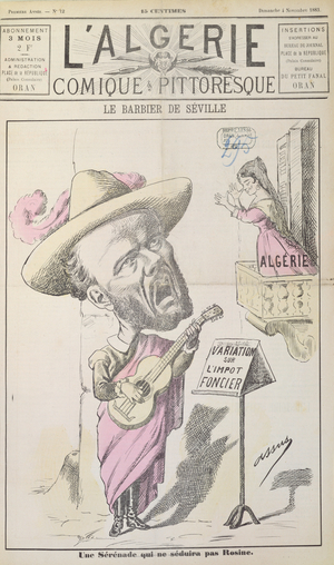 Cartoon depicting France trying to seduce Algeria on the topic of stamp duty, front cover of 'L'Algerie comique et pittoresque', Oran, Sunday 4th November 1883 (colour litho)