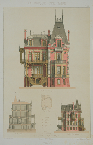 Design for a brick villa in Trouville, illustration from 'La Brique Ordinaire' by J. Lacroux, Editions Ducher, 1878 (colour litho)