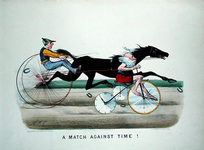 'A Match Against Time', race between a horse and father Time on a bicycle, 1878 (colour litho)