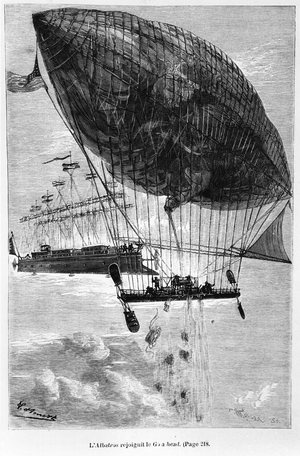 The Albatross and the Go-ahead, illustration from 'Robur le Conquerant' by Jules Verne (1828-1905) Paris, Hetzel, 1886 (engraving) (b/w photo)