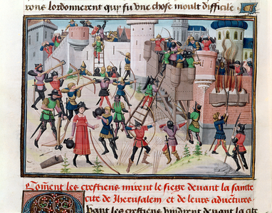 Ms 5089-90 The Siege of Jerusalem by the Christians during one of the Crusades, from 'Chroniques des empereurs' by David Aubert, 1462 (vellum)