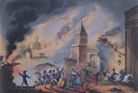 The Burning of Moscow, September 1812, engraved by Thomas Sutherland (b.c.1785) (aquatint engraving)