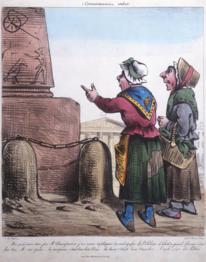 Caricature of the erection of the Obelisk at the Place de la Concorde, c.1831 (colour litho)