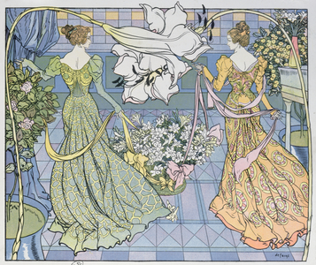 Women surrounded by flowers, c. 1900 (colour engraving)