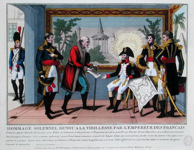 Napoleon (1769-1821) meets an old man born in 1690, c.1807 (colour litho)