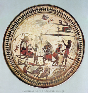 Greek cup depicting Arcesilas II, King of Cyrene (c.560-550 BC) watching the weighing and loading of silphium, copy of a 6th century BC original (colour litho)