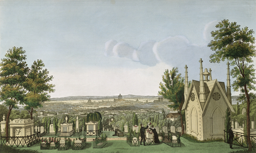 View of Pere-Lachaise Cemetery from the Gothic Chapel, engraved by Guiguet (coloured engraving)