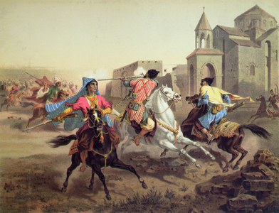 Skirmish of Persians and Kurds in Armenia, printed by Alfred Leon Lemercier, Paris, c.1850-60 (colour litho)