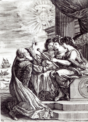 Frontispiece of 'Opere di Galileo Galilei', published in Bologna in 1656 (engraving) (b/w photo)