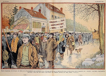 Unemployed miners from the North of France and the Pas-de-Calais region marching to Paris, illustration from 'Le Pelerin', 17th December 1933 9colour litho)