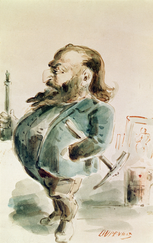 Caricature of Gustave Courbet (1819-77) holding the Colonne de Vendome (w/c on paper)