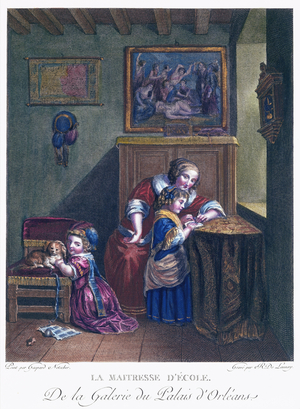 The School Mistress, engraved by R. Delaunay (coloured engraving)