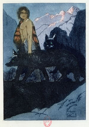 Mowgli and the Wolves, illustration from 'The Jungle Book' by Rudyard Kipling (1865-1936) published in Paris, 1930 (colour litho)