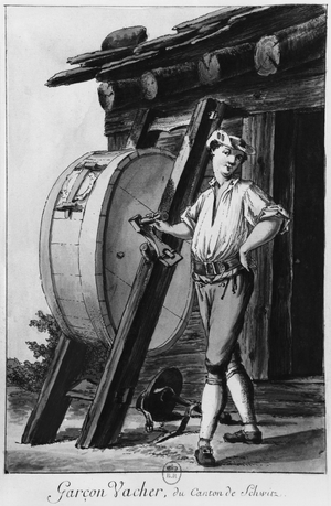 Swiss cowherd from the canton of Schwyz (engraving) (b/w photo)