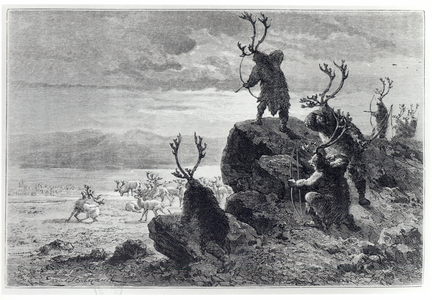 Reindeer Hunting in the Stone Age, illustration from 'L'Homme Primitif', by Louis Figuier (1819-94) published by Hachette, 1870 (engraving) (b/w photo)