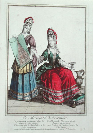 Lady showing a picture of the Mausoleum of Halicarnassus (colour lithograph)