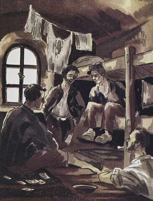'It's admirable to see the good will which reigns amongst those who hold opposing and conflicting ideas': French prisoners in a Stalag, 1945 (litho)