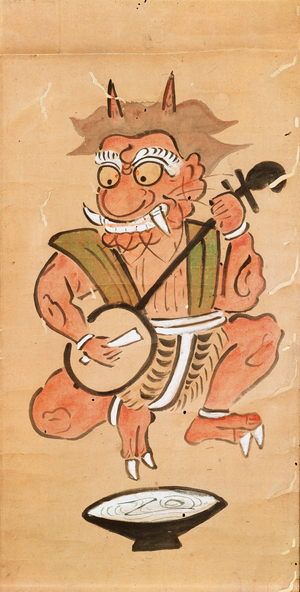 Kakemono depicting a devil playing the shamisen (ink and colour on paper scroll)