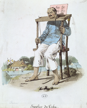 A prisoner in the 'Cangue' in China, c.1800 (colour engraving)